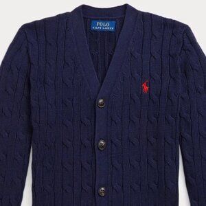 POLO RALPH LAUREN CABLE KNIT COTTON V-NECK CARDIGAN SWEATER SIZE L 14-16 L